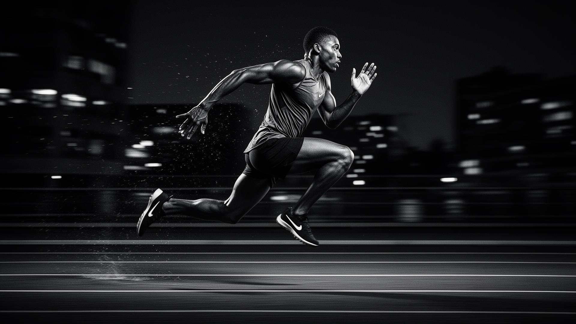 Athlete sprinting at night